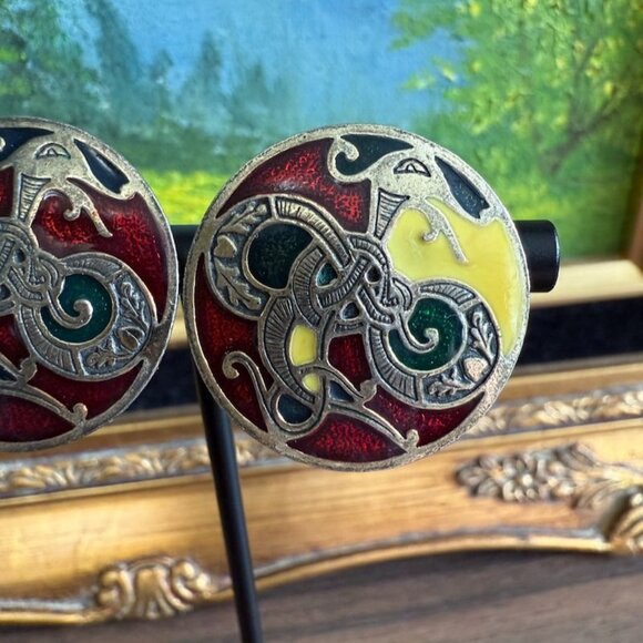 Vintage SoldOr Miracle Celtic Knot Dragon Enamel Clip-On Earrings Red & Yellow - Picture 2 of 8